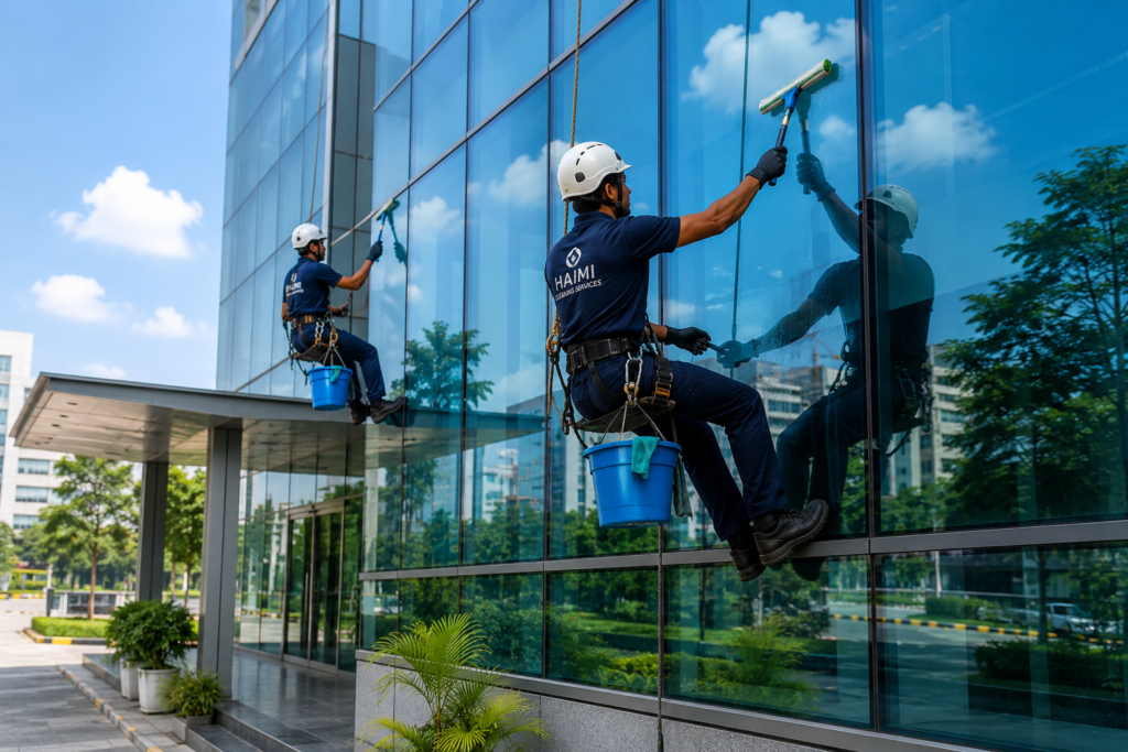 Glass building cleaning services in Guntur by Haimi Cleaning Services